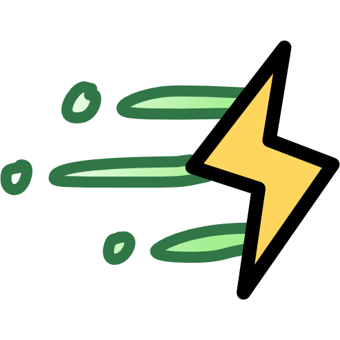 A yellow lightning bolt has 3 green streaks trailing behind it with dots at the end of each streak. The image has dark line art. 